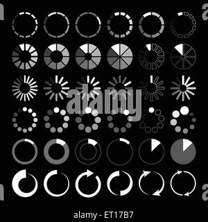 36 white and grey loading icons on black background. RGB EPS 10 vector elements set Stock Vector