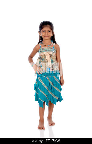 Indian girl in blue dress standing on white background India MR#736M Stock Photo