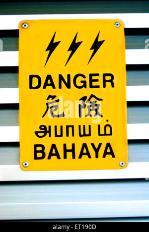 Signboard danger high voltage, Raffles Place, Financial District, Commercial Square, commercial zone, Singapore, Republic of Singapore, Southeast Asia Stock Photo
