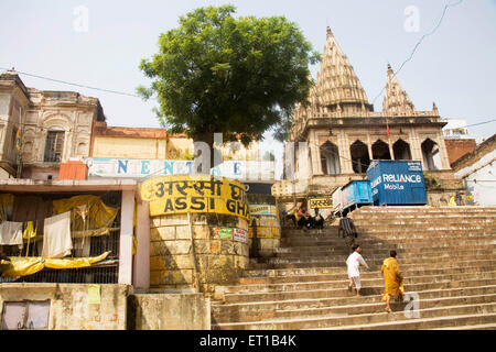 Steps tree Hindu temple , Ganga Ganges river , Assi Ghat , Varanasi , Uttar Pradesh , India Stock Photo