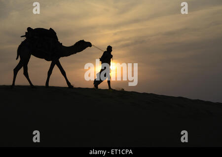 camel and man are walking on Sand Dune sunset in Jaisalmer at Rajasthan India Stock Photo