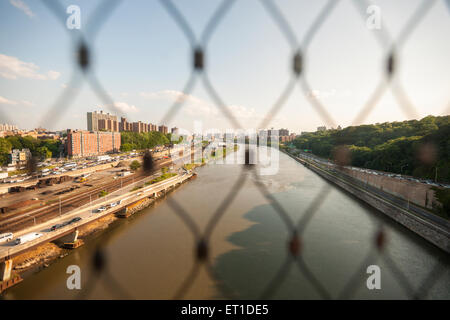 The view south from the newly opened reconstructed High Bridge connecting the Bronx to Upper Manhattan over the Harlem River in New York on Tuesday, June 9, 2015. The pedestrian bridge, the oldest bridge in New York, has been closed since the 1970's and was part of the Croton Aqueduct system until 1917, supplying water to New York.  (© Richard B. Levine) Stock Photo