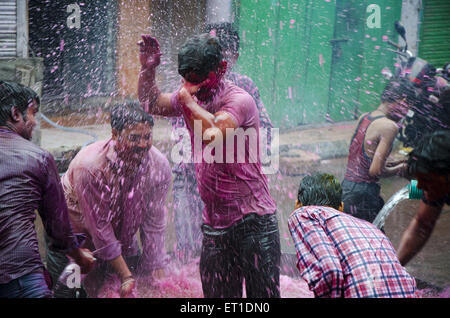 People pouring water with colour in Holi festival  Jodhpur at Rajasthan India Stock Photo