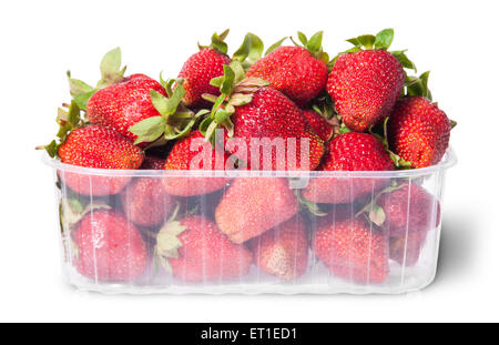 Freshly strawberries in a plastic tray isolated on white background Stock Photo