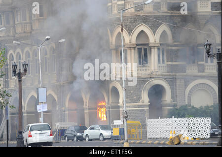 Fire inside the Taj Mahal hotel ; after terrorist attack by Deccan Mujahideen on 26th November 2008 in Bombay Stock Photo