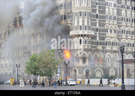 Fire inside the Taj Mahal hotel after terrorist attack by Deccan Mujahideen in 2008 Bombay Mumbai Maharashtra India Stock Photo