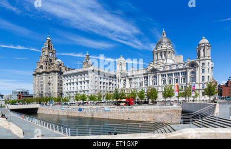 The Royal Liver, Cunard & Port of Liverpool Buildings with Liverpool Canal Link in foreground, Pier Head, Liverpool, England, UK Stock Photo