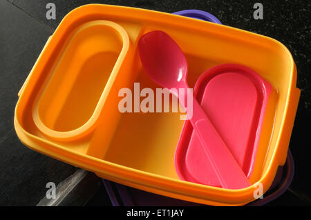 plastic lunch box on black background Stock Photo