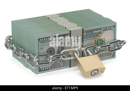 Pack of dollars with lock and chain isolated on white background Stock Photo