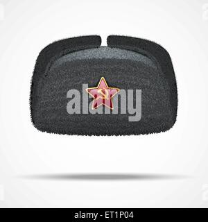 Russian black winter fur hat ushanka with red star. Stock Vector