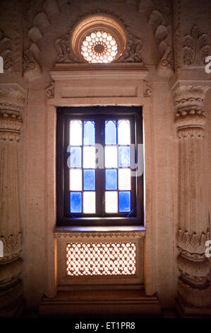 Glass window in cenotaph of madhavrao scindia  at Shivpuri ; Madhya Pradesh ; India Stock Photo