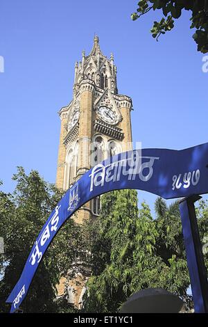 Rajabai Clock Tower ; Mumbai University sign ; Churchgate ; Bombay ; Mumbai ; Maharashtra ; India ; Asia ; Asian ; Indian Stock Photo