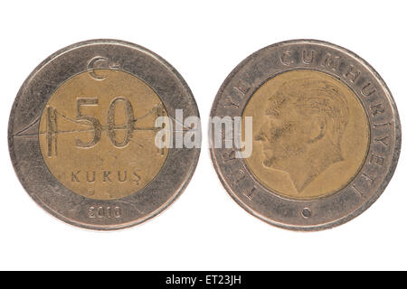 turkish coin with a denomination of 1 lira back side and stopwatch 50 turkish kurus coin isolated on white background stock photo