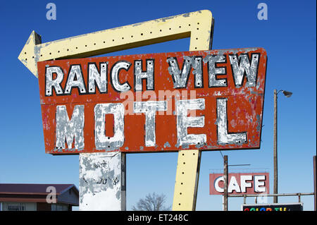 A sign for the Ranch View Motel in Vaughn, New Mexico in the Southwest USA. Stock Photo