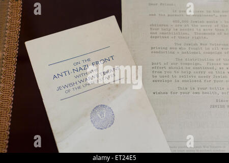 Leaflet from Anti-Nazi Boycott Committee, Jewish War Veterans of the USA, circa 1936 Stock Photo