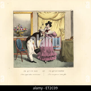 Lady in a parlor being kissed goodbye by an old man. Adieu, see you again. (You old fool.) Stock Photo