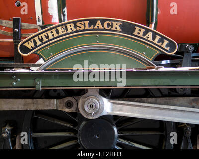 vintage steam locomotive Witherslack Hall, in the maintenance shed at Loughborough station, on the Great Central Railway in Leic Stock Photo