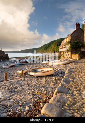 Fishing boats in the harbour at Clovelly on the north coast of Devon Stock Photo