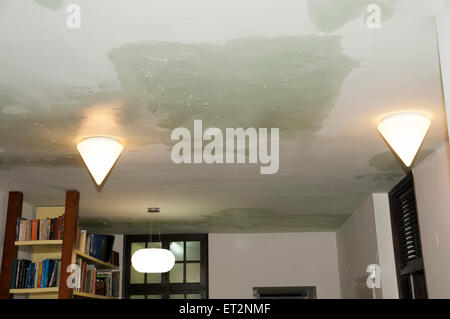 Leaking ceiling water drips through a damaged roof as it rains outside Stock Photo