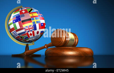 International law systems, justice, human rights and global business concept with world flags on a school globe and a gavel. Stock Photo