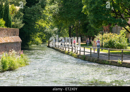 The River Itchen in Winchester in summer with people walking along the riverside paths and gardens Stock Photo