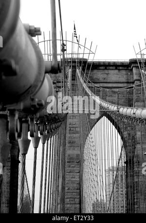 The Brooklyn Bridge spanning the East River from Manhattan to Brooklyn. The Bridge is a hybrid cable-stayed suspension bridge in New York City, USA Stock Photo