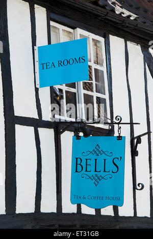 Bells tea rooms sign on timber framed black and white building, Steep Hill, Lincoln, Lincolnshire, England Stock Photo