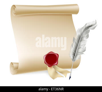 Feather quill pen and and paper scroll with red seal Stock Photo