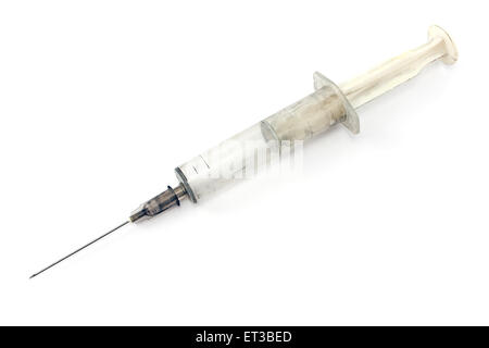 Dirty used glass syringe isolated on white Stock Photo