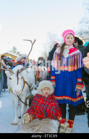 Arctic Circle, Lapland, Scandinavia, Sweden, Jokkmokk, Sami people at winter festival Stock Photo