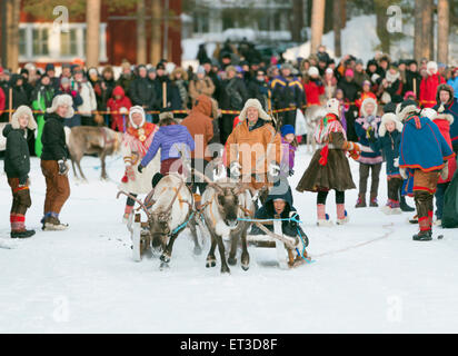 Arctic Circle, Lapland, Scandinavia, Sweden, Jokkmokk, Sami people at winter market festival, reindeer race Stock Photo