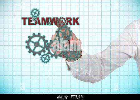 hand pointing at way to teamwork on screen, close up Stock Photo