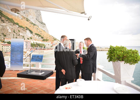 Gibraltar - 11th June 2015 - In a press conference at the Caleta Hotel, Gibraltar, the Chief Minister Fabian Picardo unvield plans to convert the east side reclamation into a £1.1 billion luxury housing, residential and marina area called 'Blue Water' and developed by Camoren Holding as the developers. Credit:  Stephen Ignacio/Alamy Live News Stock Photo