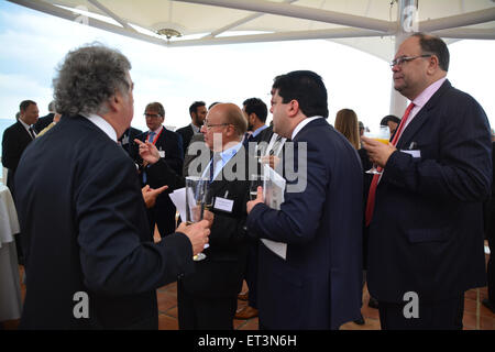 Gibraltar - 11th June 2015 - In a press conference at the Caleta Hotel, Gibraltar, the Chief Minister Fabian Picardo unvield plans to convert the east side reclamation into a £1.1 billion luxury housing, residential and marina area called 'Blue Water' and developed by Camoren Holding as the developers. Credit:  Stephen Ignacio/Alamy Live News Stock Photo