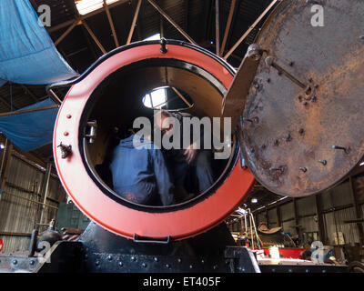 vintage steam locomotive Witherslack Hall, in the maintenance shed at Loughborough station, on the Great Central Railway in Leic Stock Photo