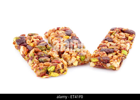 Cereal bars with different nuts isolated on white background. Stock Photo