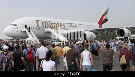 Schoenefeld, Germany, in front of a crowd Airbus A380-800 of the airline Emirates Stock Photo