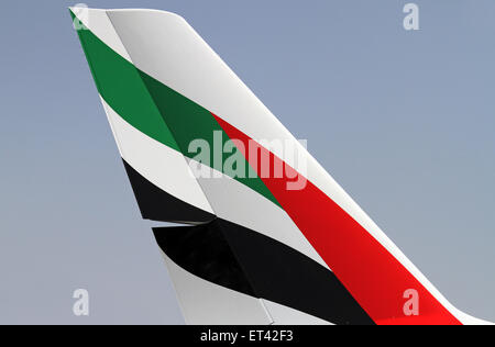 Schoenefeld, Germany, vertical tail of an Airbus A380-800 of the airline Emirates Stock Photo