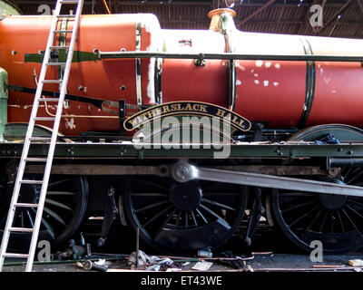 vintage steam locomotive Witherslack Hall, in the maintenance shed at Loughborough station, on the Great Central Railway in Leic Stock Photo