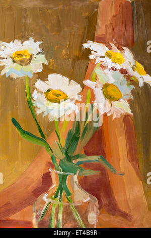 camomile in vase painted oil on canvas. Stock Photo