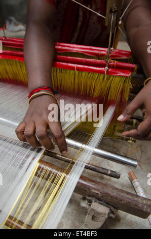 a weaver fixes a mistake in the gold thread whilst making a saree in Balaramapurum Stock Photo