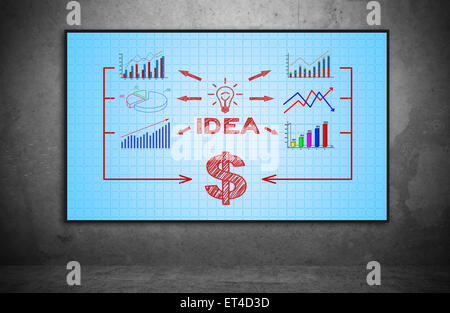 plasma panel with business plan on concrete wall, close up Stock Photo