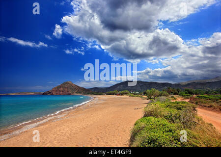 Kouremenos beach close to Palekastro village, Sitia, Lasithi, Crete, Greece. In the background Kastri hill. Stock Photo