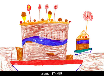 Big cartoon birthday cake. children's drawing. Stock Photo
