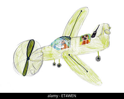 Dogs flying by plane. child's drawing Stock Photo