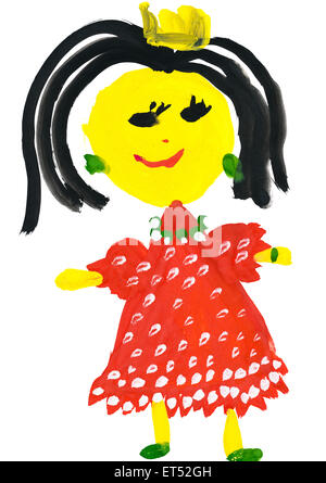 child's drawing. girl in a red dress Stock Photo