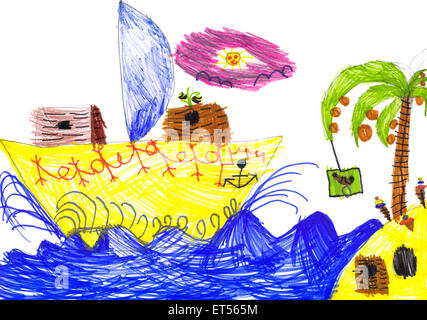Sailboat and island. Child's drawing. Stock Photo