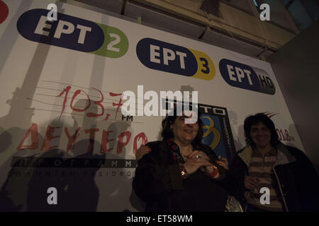 Athens, Greece. 11th June, 2015. Thousands gather to celebrate ERT's reopening. Hellenic Radio and Television, ERT, was shut down overnight on June 11, 2013 to satisfy public sector layoffs that where part of the memorandum signed by the Samaras government with Greece's lenders. Credit:  Nikolas Georgiou/ZUMA Wire/ZUMAPRESS.com/Alamy Live News Stock Photo