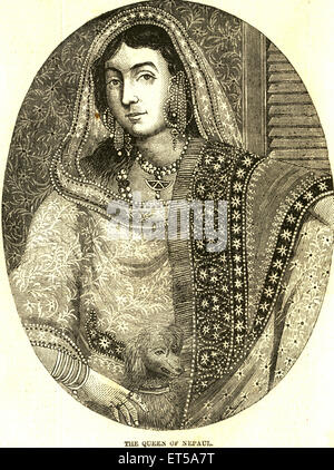Queen of Nepal with dog ; Asia ; old vintage 1800s engraving Stock Photo