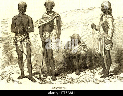 Santhals tribal men ; Santhal tribals ; Santal people ; India ; old vintage 1800s engraving Stock Photo